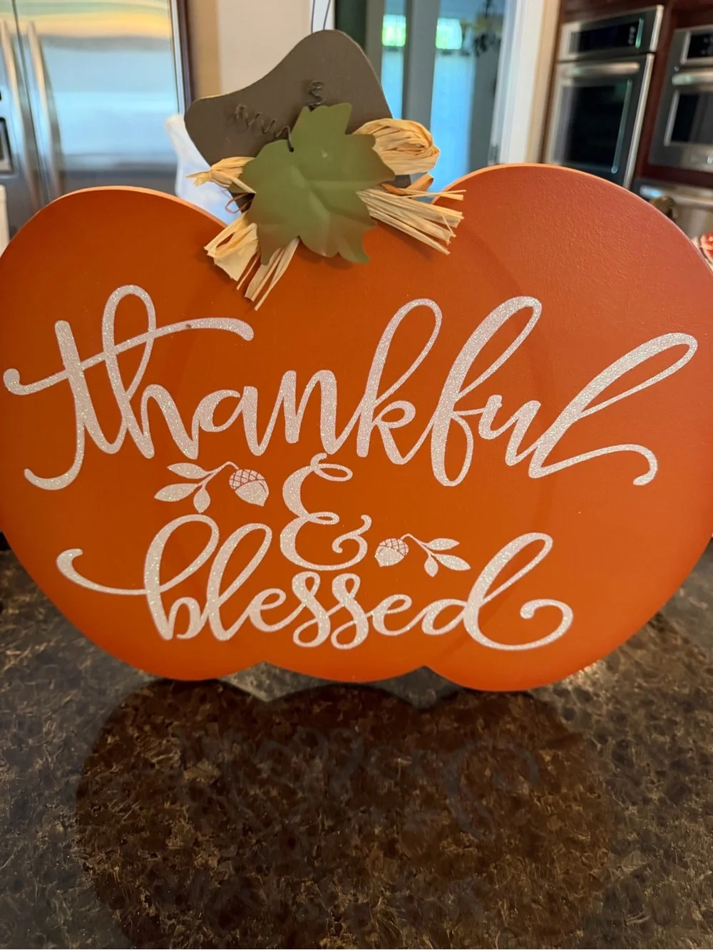 Thankful & Blessed Pumpkin Wall Sign - Orange, table cloth, falls leaves 🍁